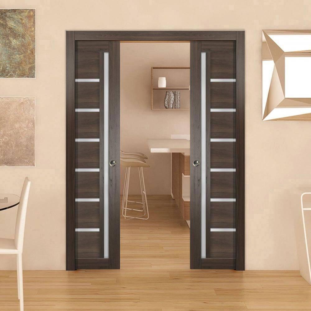SARTODOORS Quadro Frosted Glass Paneled Wood Sliding Closet Brown Doors