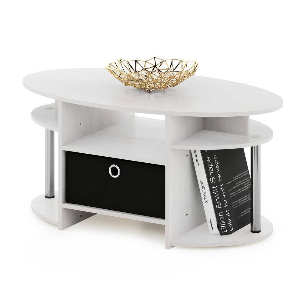 Furinno JAYA Simple Design Oval Coffee Table with Bin, White Oak, Stainless Steel Tubes