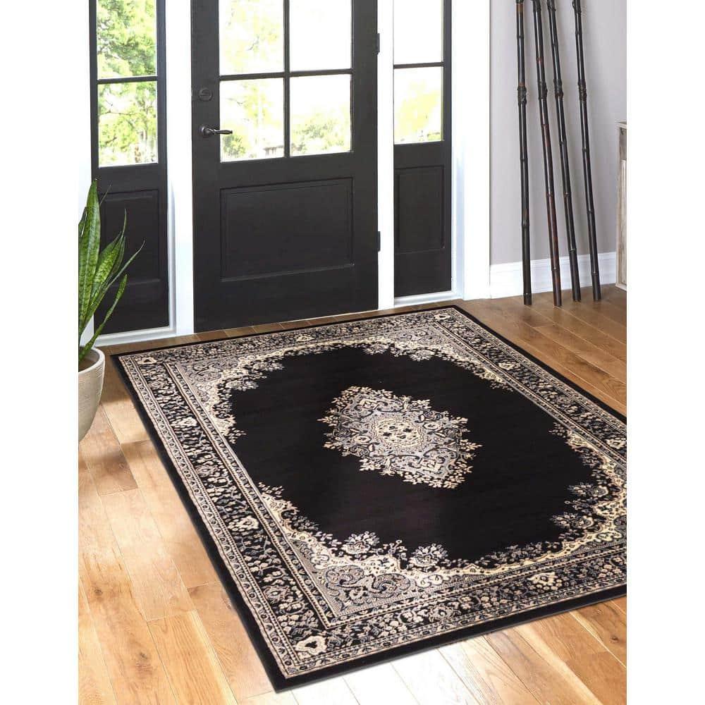 Unique Loom Reza Collection Traditional Persian Style Area Rug, Rectangular 5' 0" x 8' 0", Black/Beige