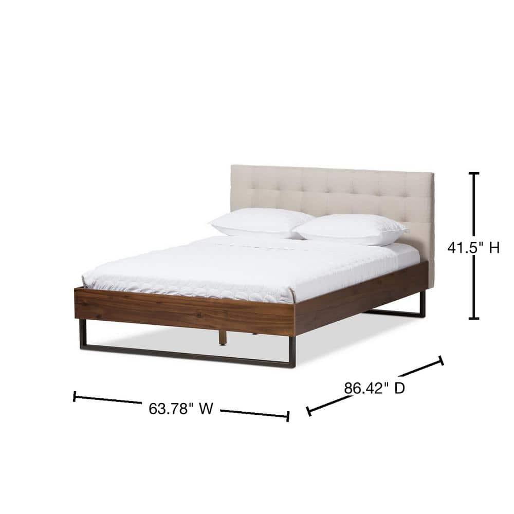 Queen Mitchell Rustic Industrial Walnut Wood & Metal Platform Bed with Tufted Headboard - Baxton Studio