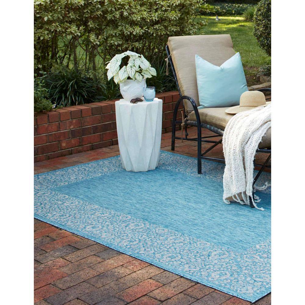 Unique Loom 7' 1 x 10' 0 Rectangle Indoor/Outdoor Border Aqua Area Rug