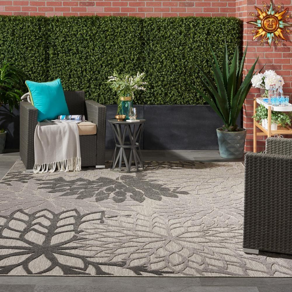 Nourison Aloha Floral Bloom Flatweave High-Low Indoor Outdoor Area Rug Silver Grey 7' x 10'