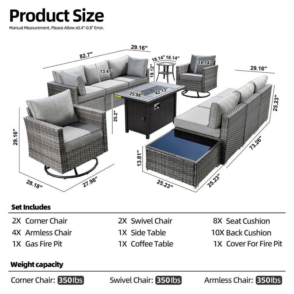 Ovios Venice 11pc Wicker Outdoor Patio Furniture Set Conversation Sofa with a Metal Fire Pit Swivel Chairs and Dark Gray Cushions