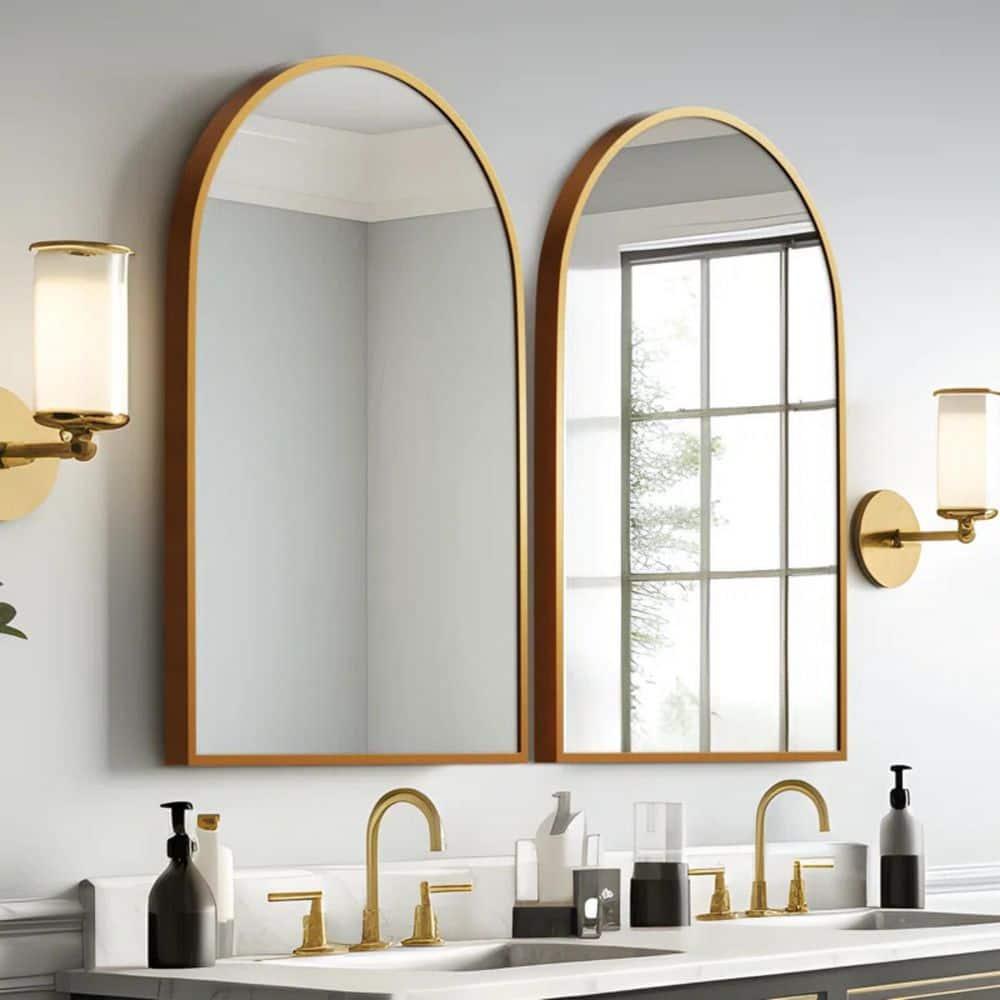 Dovelina Modern Metal Arched Wall Mirror Bathroom Vanity Mirror (Set of 2) - 24" x 36",Gold