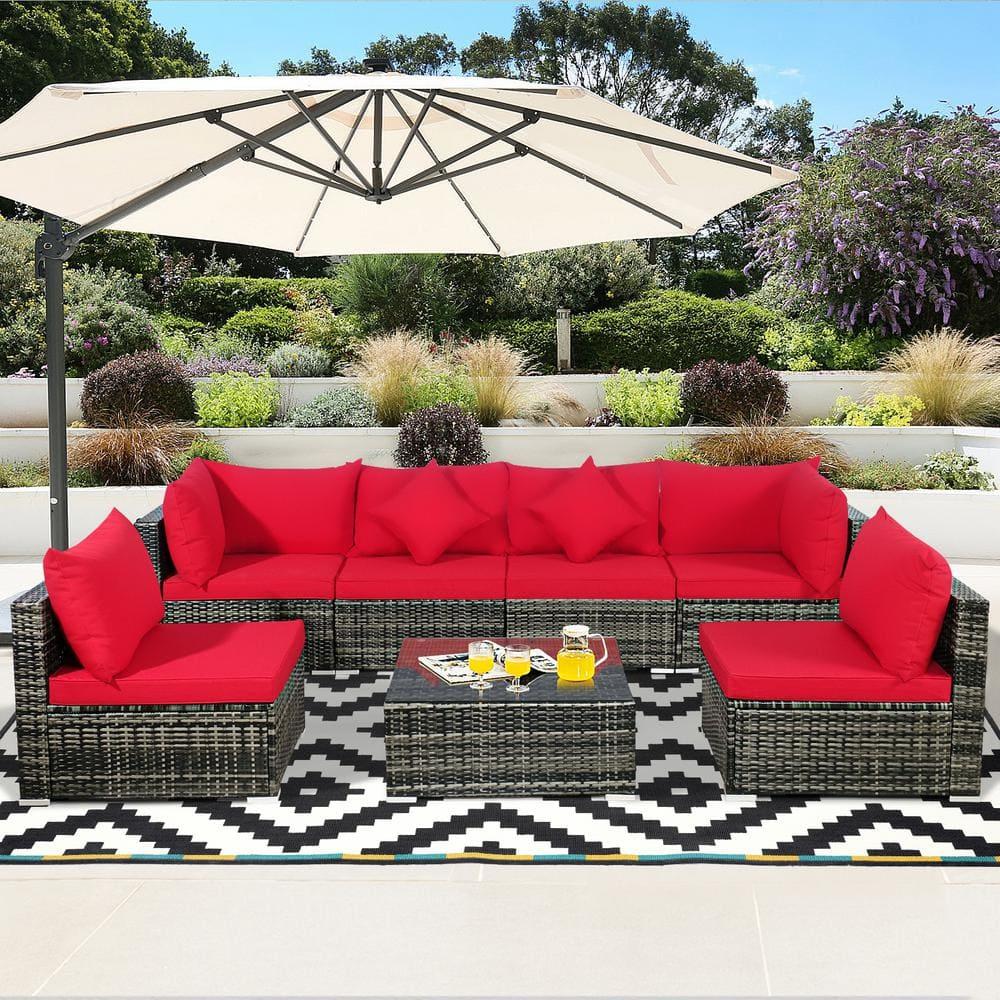 YYAo Garden Conversation Table Set, Conversation Loveseat Chairs Set,7 Pieces Patio Rattan Furniture Set Sectional Sofa Garden Cushion-Red