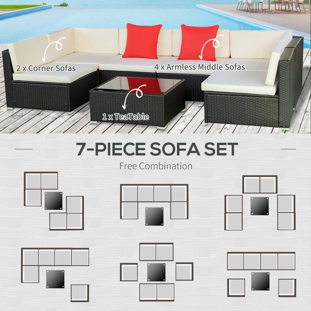 Outsunny 7 Piece Outdoor Patio Furniture Set, PE Rattan Wicker Sectional Sofa Set with Couch Cushions, Pillows, Coffee Table, Beige