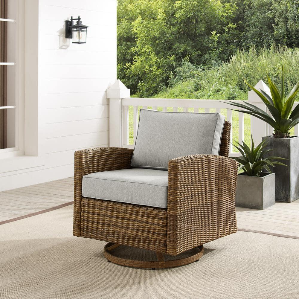 Bradenton Outdoor Steel Swivel Rocking Chair Gray/Weathered Brown - Crosley: Resin Wicker, Moisture-Resistant Cushions