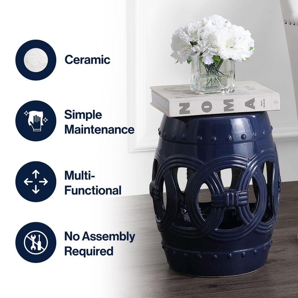 Lucky Coins 16" Eastern-Inspired Ceramic Drum Garden Stool, Navy - JONATHAN Y