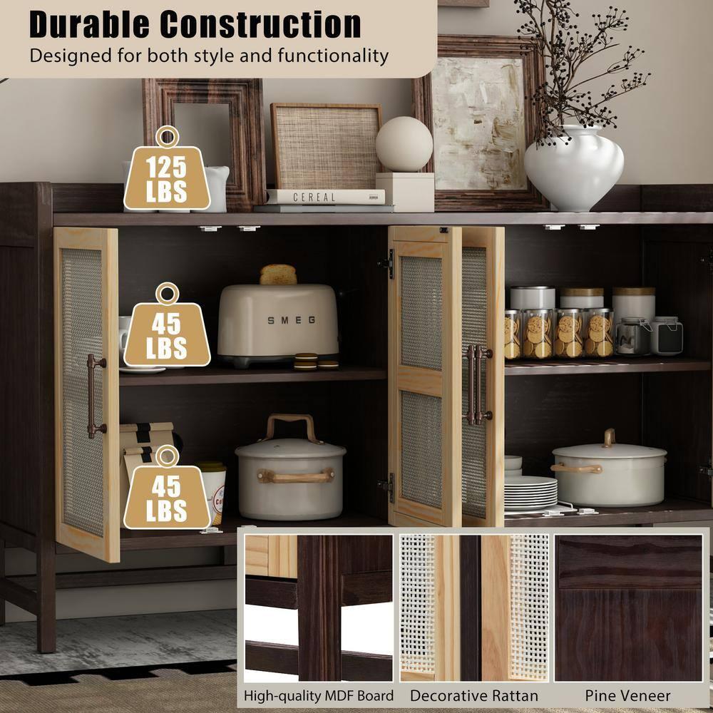 Natural Walnut Wood 60 in. Sideboard with Decorative Rattan Doors and Adjustable Shelves