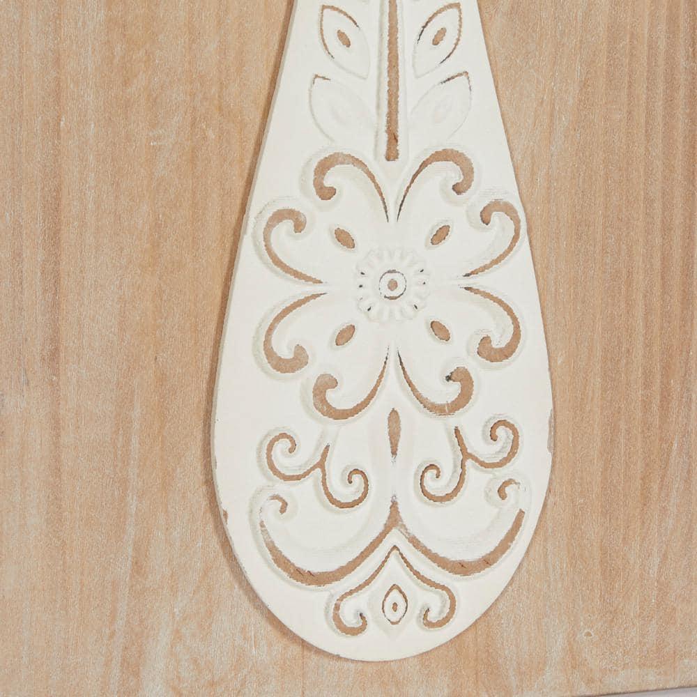 DecMode Brown Wooden Utensils Wall Decor with Carved White Floral Designs (2 Count)