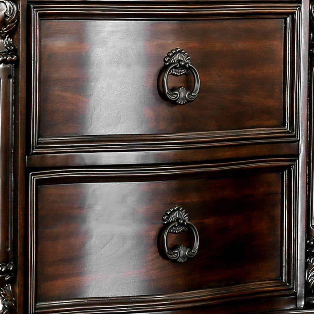 Benzara 30 Inch Nightstand with 2 Drawers, Classic Marble Top, Ornate Pilasters, Dark Cherry Brown