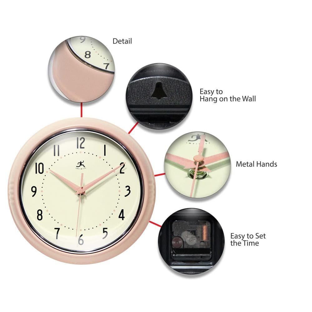 Infinity Instruments Retro Round Rose Blush Metal 9.5-inch Analog Wall Clock