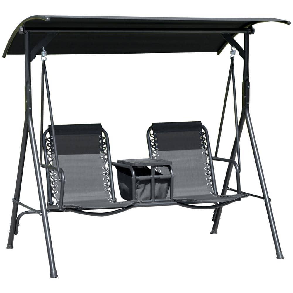 Outsunny 2 Person Porch Swing with Canopy, Covered Patio Swing with Pivot Storage Table, Cup Holder, & Adjustable Overhead Canopy, Black