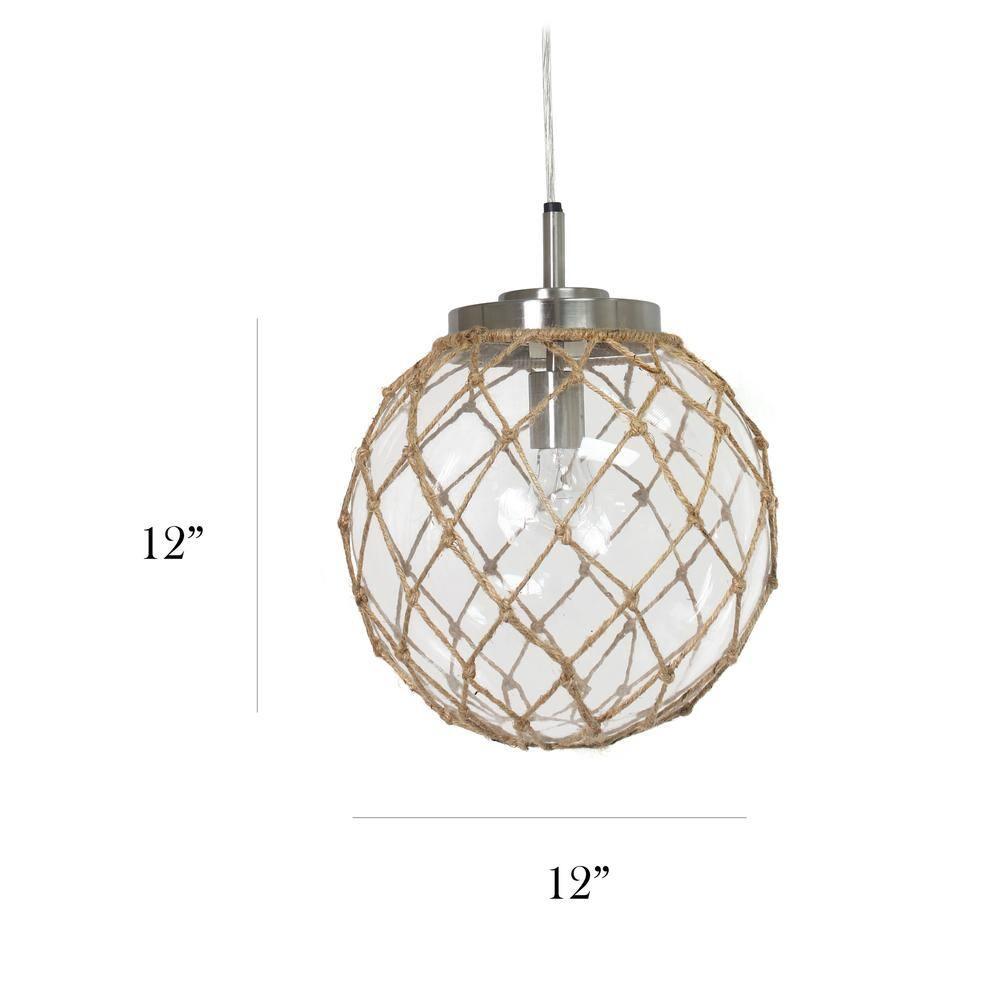 Buoy Netted Brushed Nickel Coastal Ocean Sea Glass Pendant with Natural Rope, Clear
