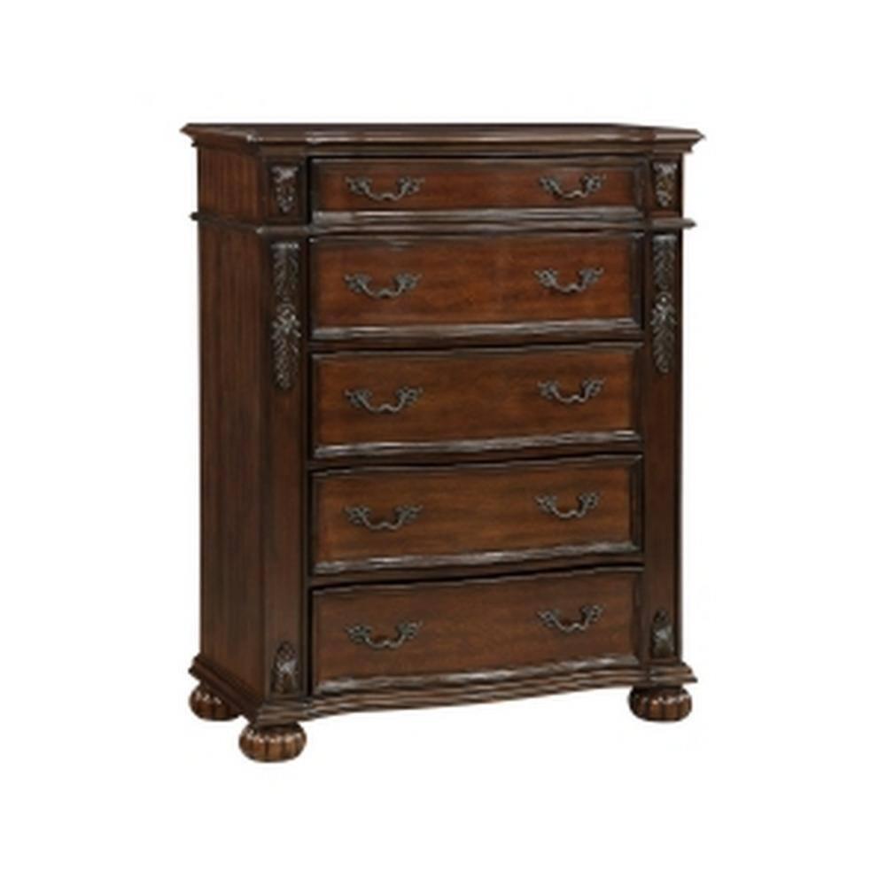 Benjara Nami 50 Inch Tall Dresser Chest, 5 Drawers, Carved Cherry Brown Solid Wood