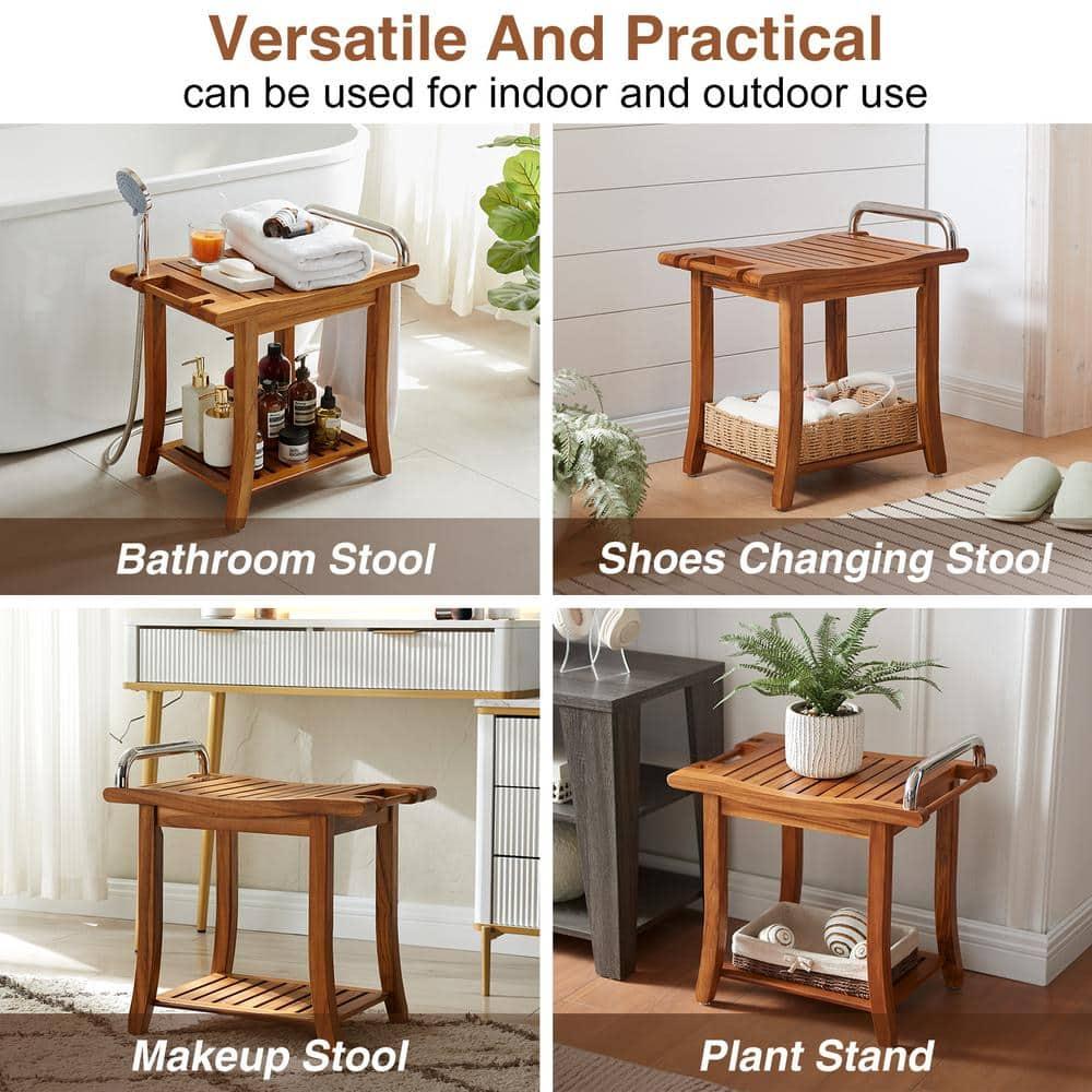 Utopia Alley 20'' Teak Shower Bench with Handle, Large Teak Shower Stool for Bathroom, Waterproof Bathroom Bench - Teak Shower Stool