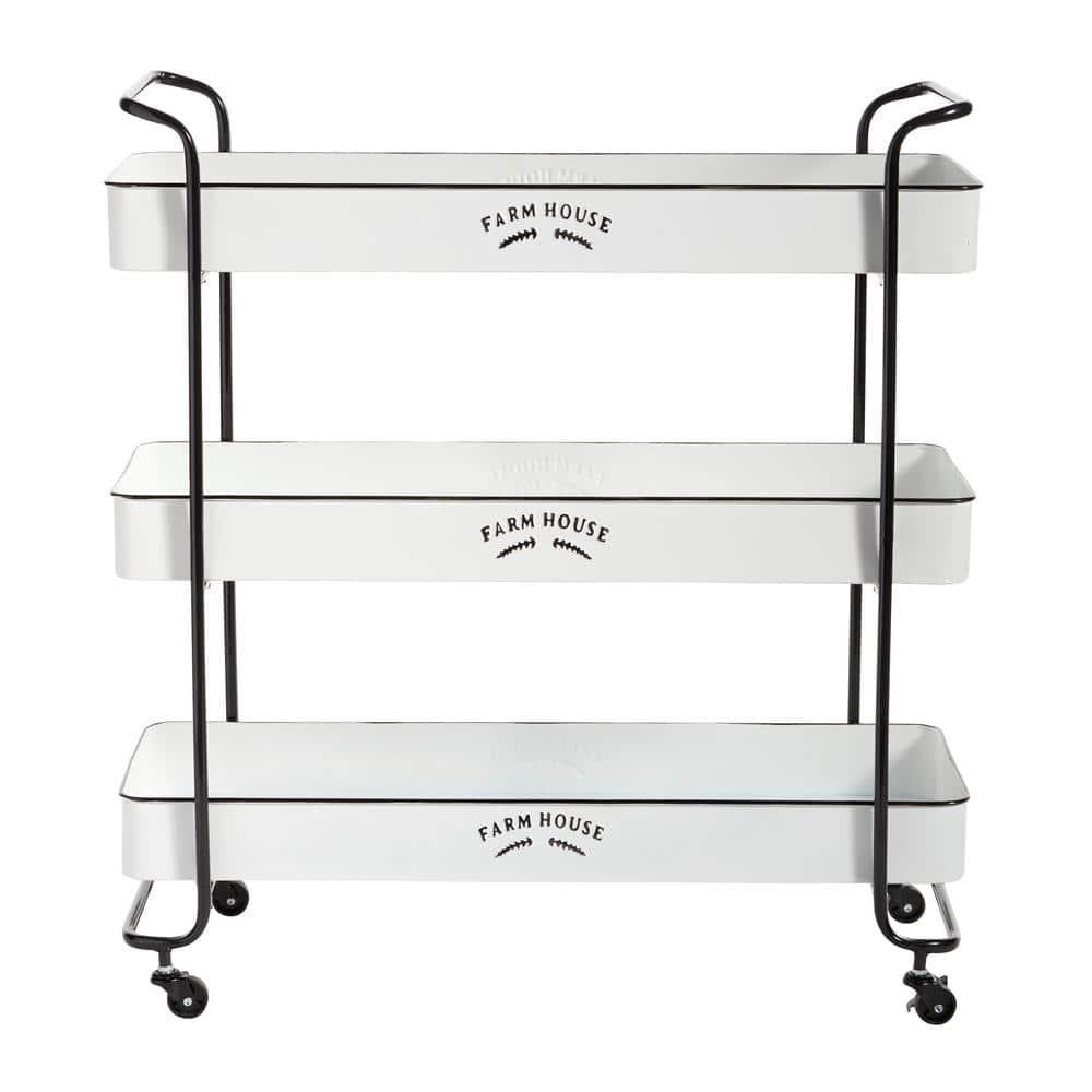DecMode 32" x 35" White Metal Kitchen Rolling 3 Shelves Bar Cart with Black Accents and Farm House Design, 1-Piece