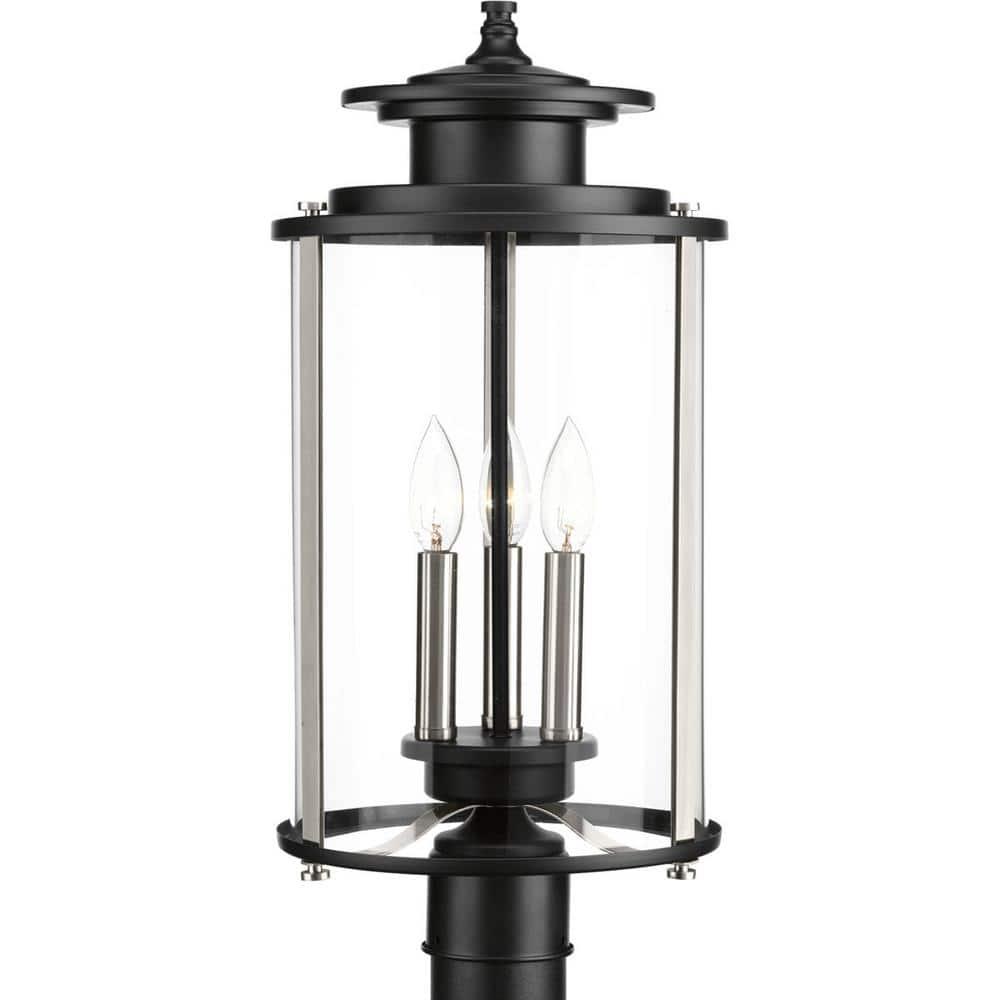 Progress Lighting, Squire Collection, 3-Light Post Lantern, Black Finish, Clear Glass Shade