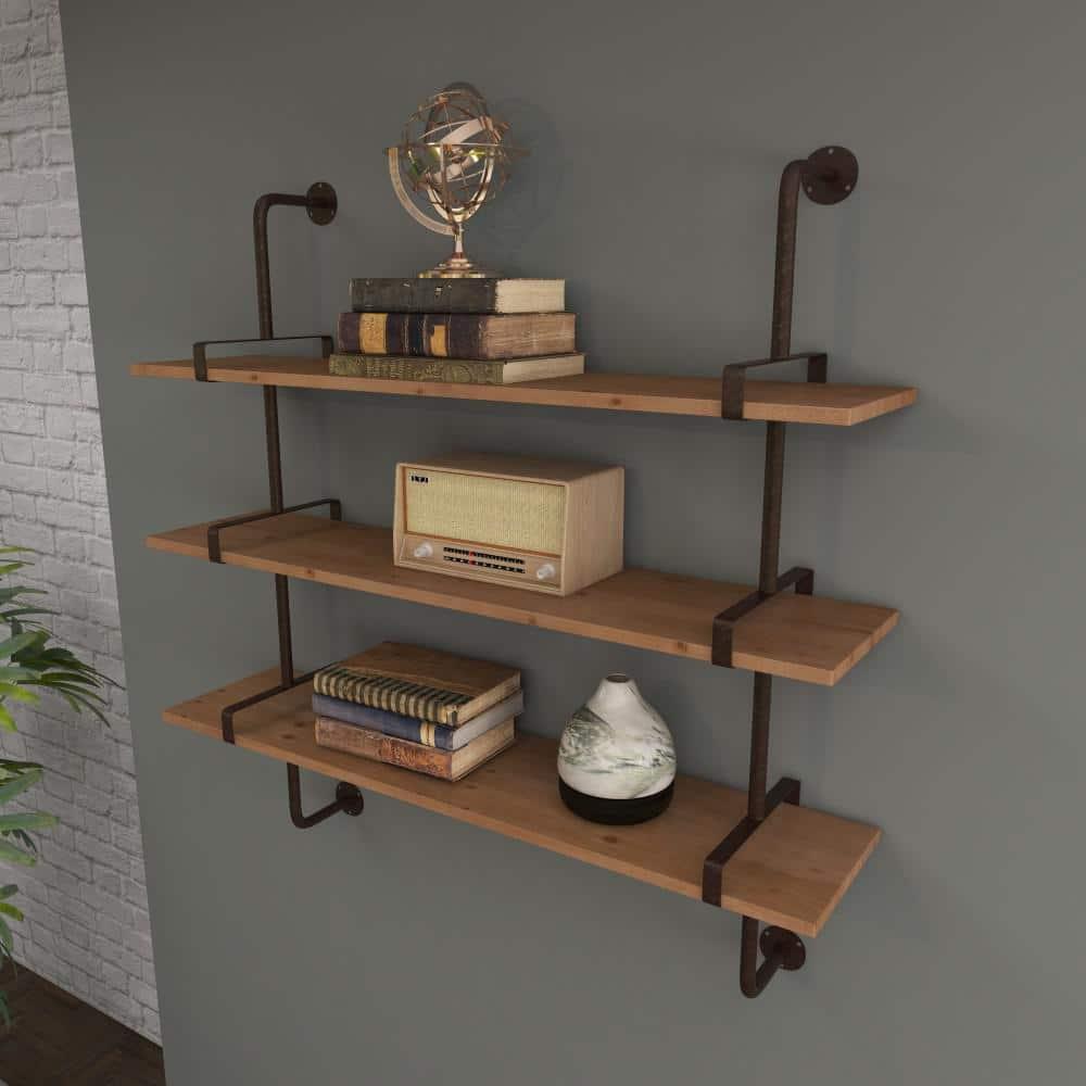 Wood 3 Level Wall Shelf with Black Metal Brackets