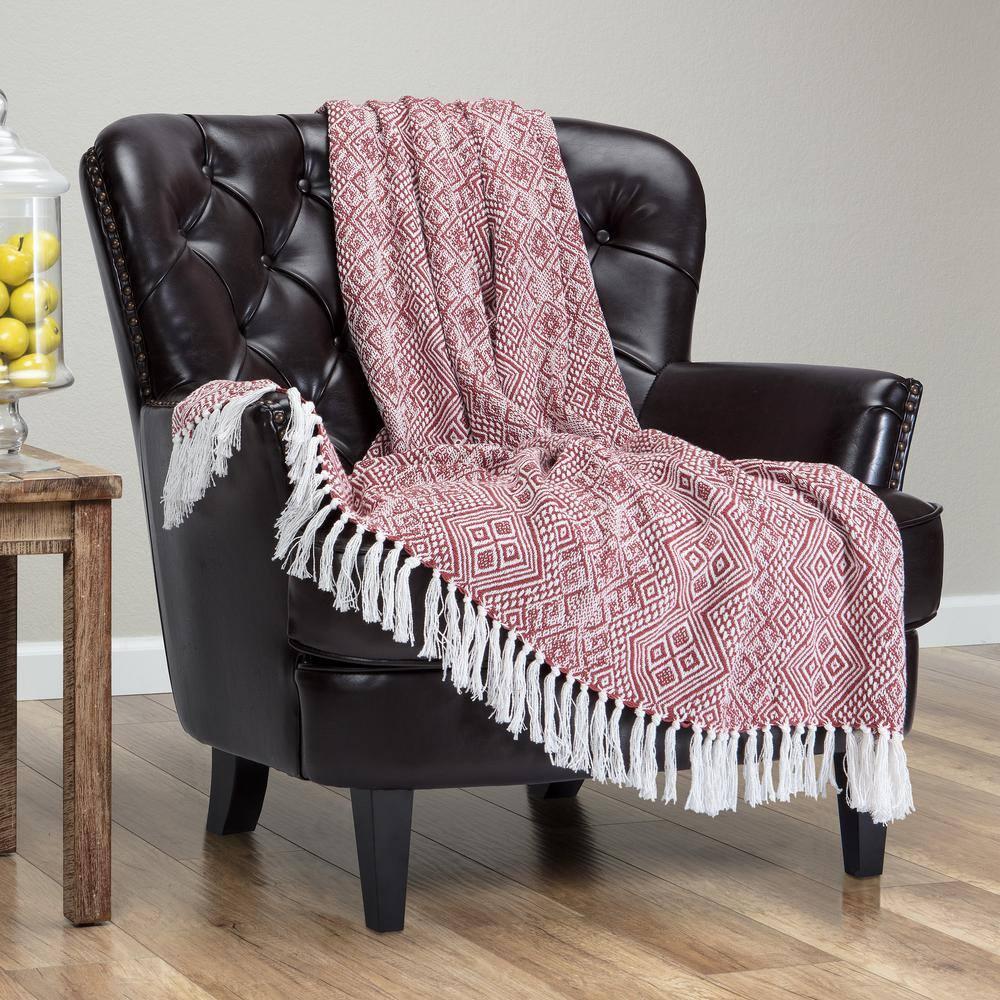 Chanasya Multi Diamond Cotton Throw Blanket With Tassels - (50x65 Inches) Rust