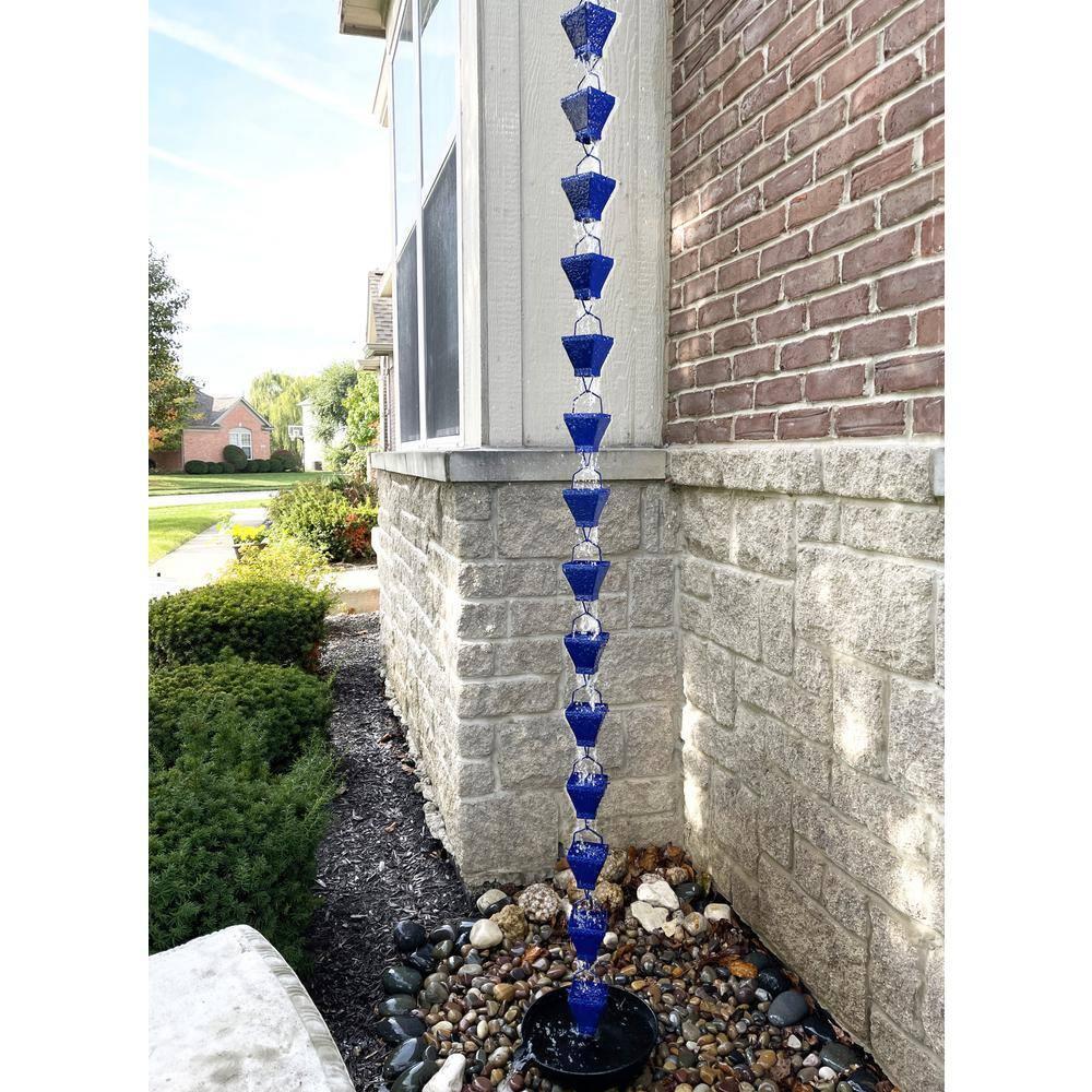 U-nitt Rain Chains, Roof Gutter Downspout Channel, Rainwater Catcher/Diverter, 8.5 FT, Metal, Blue Powder Coated, Texture Square, Modern, 5517BLU
