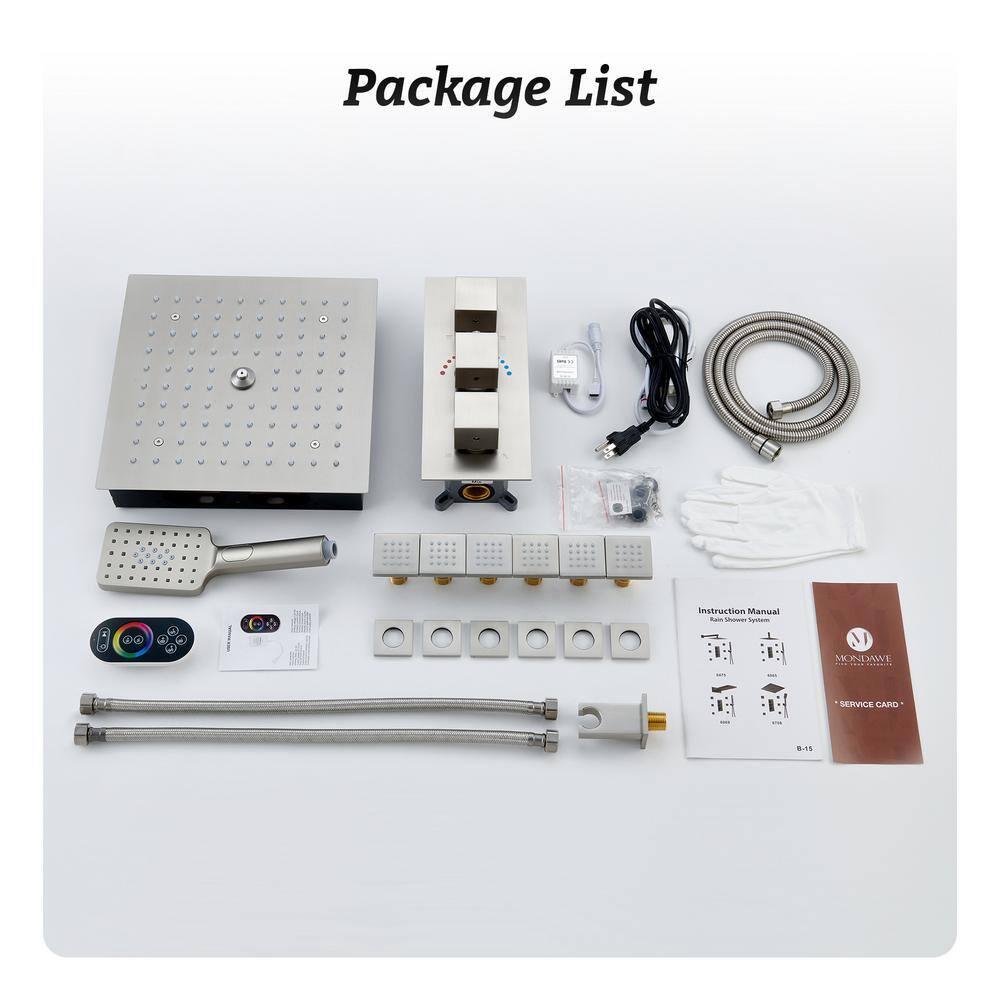 12" Flush Mounted Luxury Thermostatic Rainfall Shower System with LED and 6 Body Jets