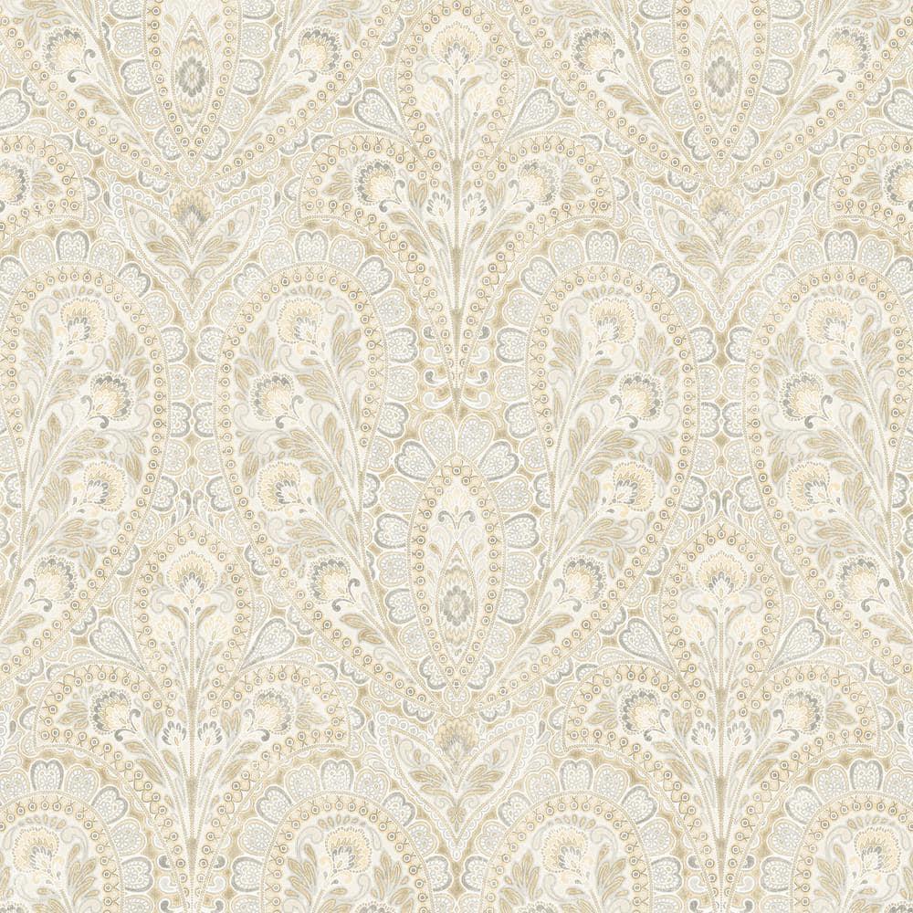 Grey and Cream Ornamental Paisley Pre-pasted Vinyl Wallpaper Roll