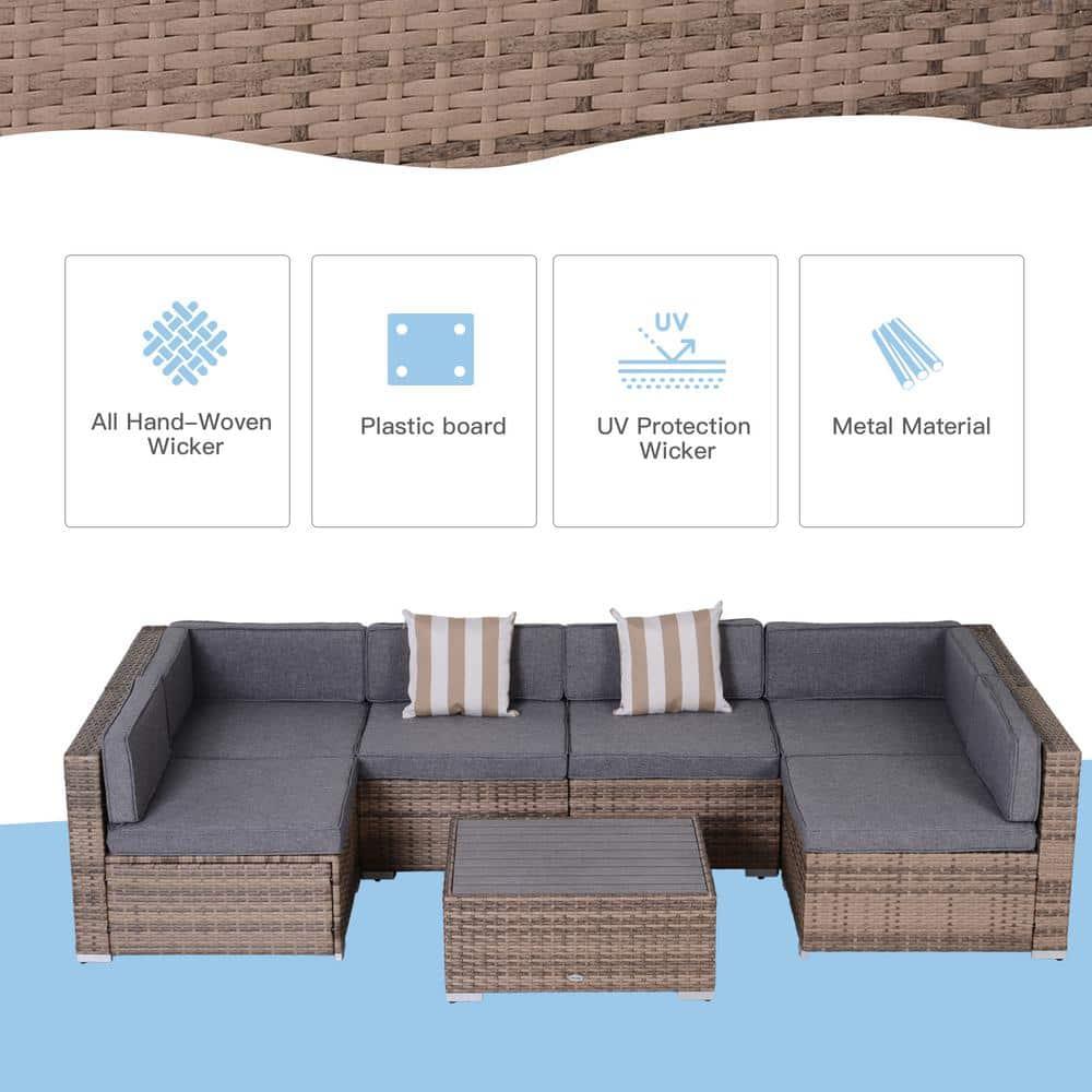 Outsunny 7-Piece Patio Furniture Set, Outdoor Wicker Conversation Set, All Weather PE Rattan Sectional Sofa w/ Faux Wood Table, Stripe Pillows, Gray