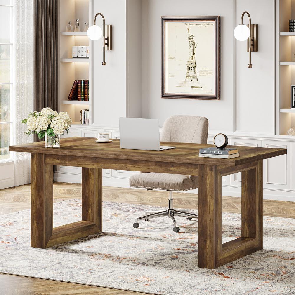 Tribesigns 63-Inch Executive Computer Desk, Industrial Writing Table with Solid Wooden Base for Home Office, Brown