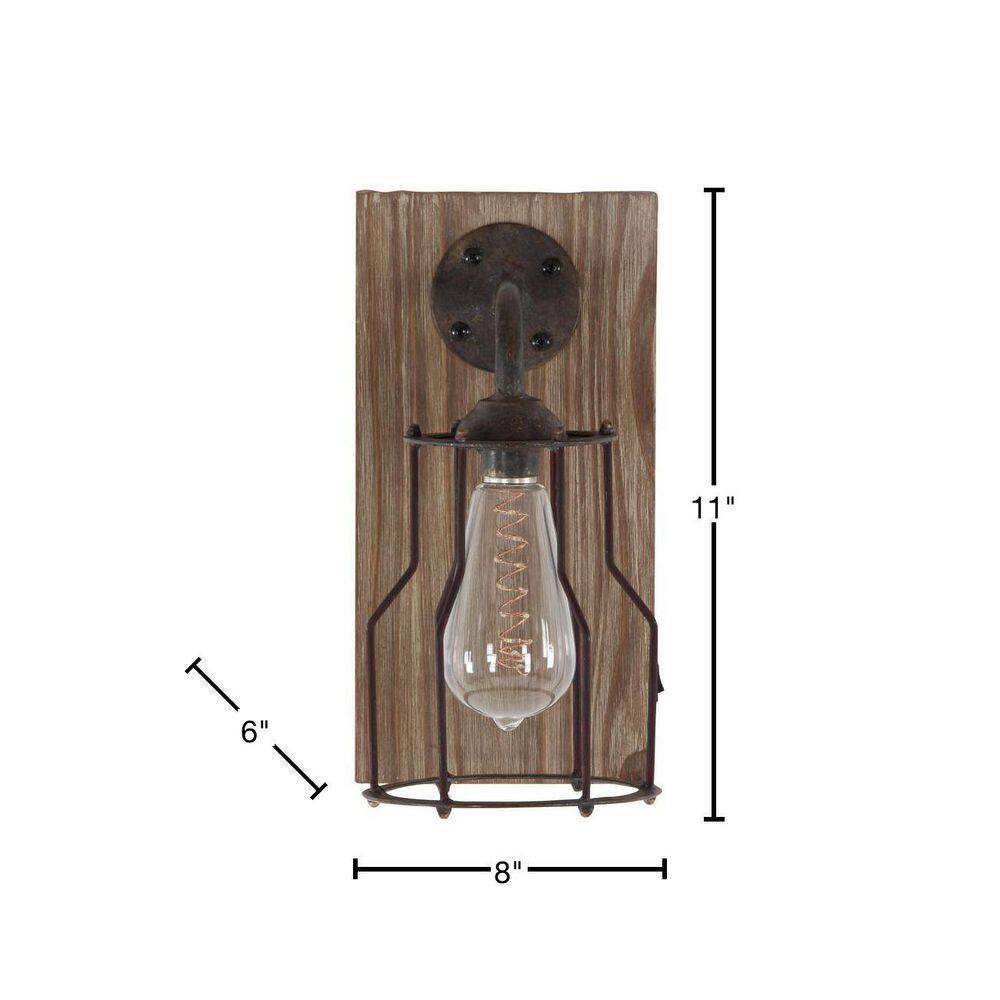 DecMode Industrial Metal Wall Sconce with Wood Backplate and Iron Cage, 6"W x 11"H Features Rustic Brown Finish