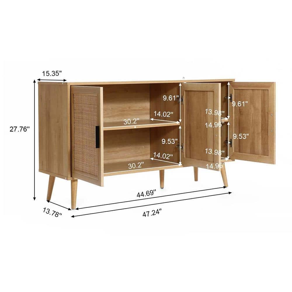 LuxenHome Rattan Buffet Cabinet with Storage, 47" Light Oak Finish Wood Accent Sideboard Cabinet with 3-Door, Boho Coffee Bar Console Table