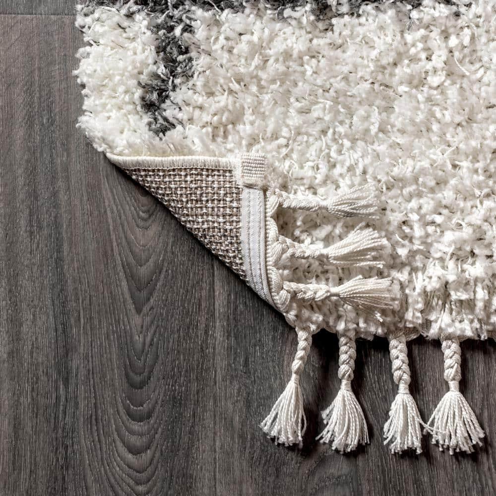 8'x10' Mercer Shag Plush Tassel Moroccan Geometric Trellis Area Rug, Cream/Grey - JONATHAN Y