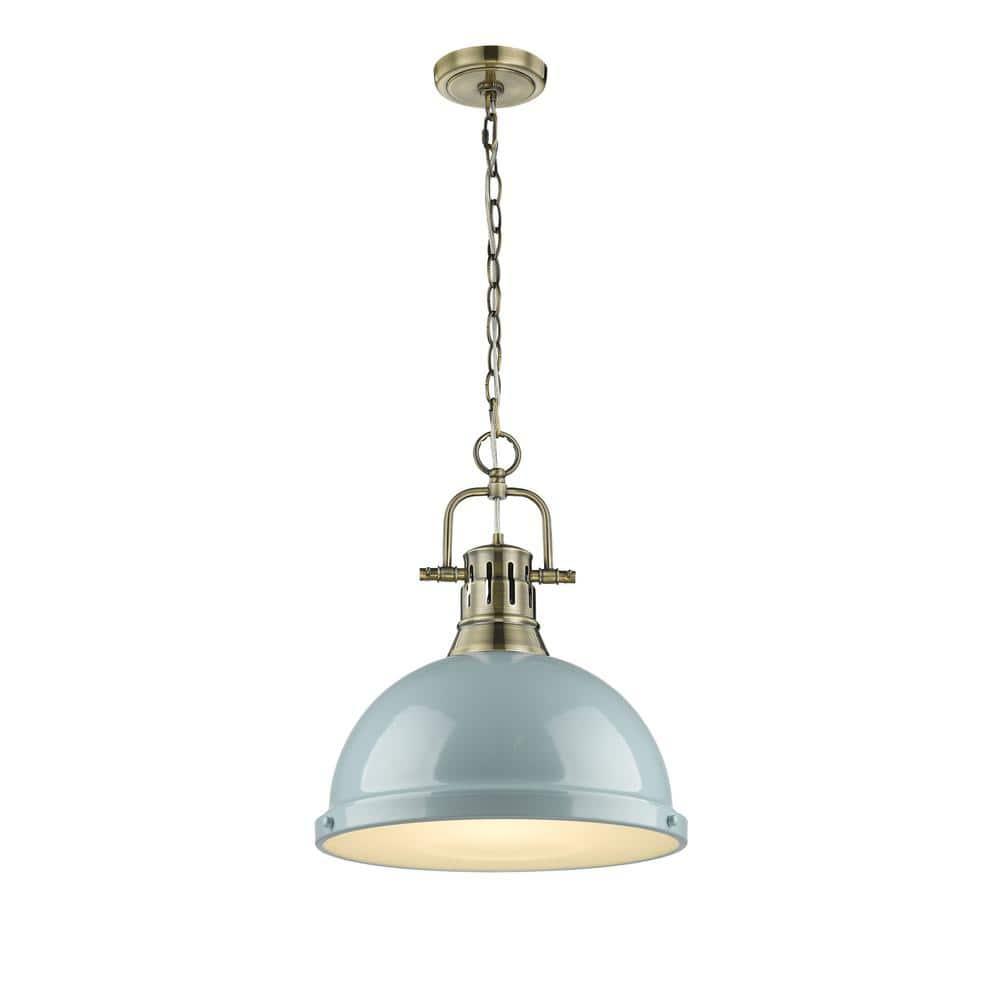 Golden Lighting Duncan 1-Light Large Pendant with Chain in Aged Brass with Seafoam