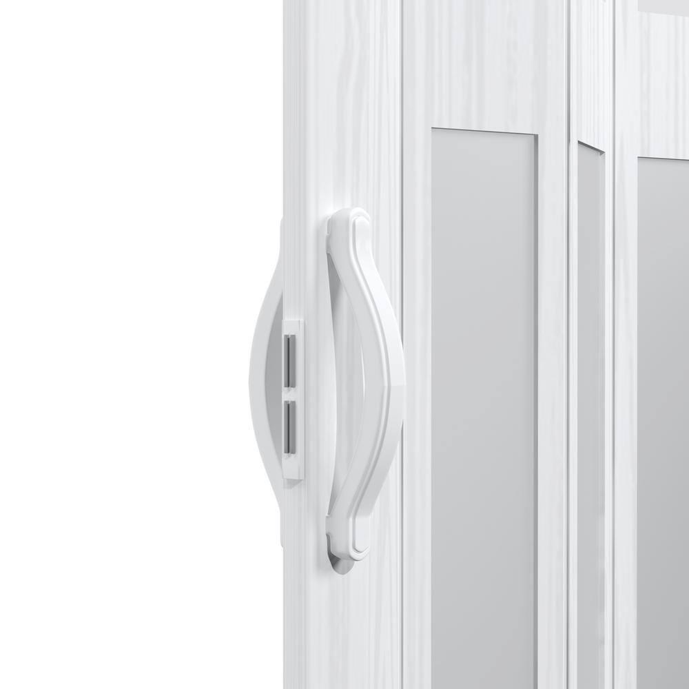 Upgrade Dual Layer Vinyl Accordion Door with Handles and Magnetic Door Lock, 4-Lite Frosted Acrylic Glass, White