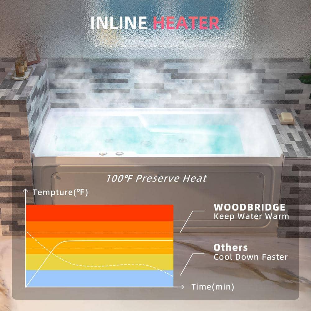 60" x 30" Whirlpool Heated Rectangular Alcove Acrylic Bathtub with Chrome/Matte Black Drain and Overflow