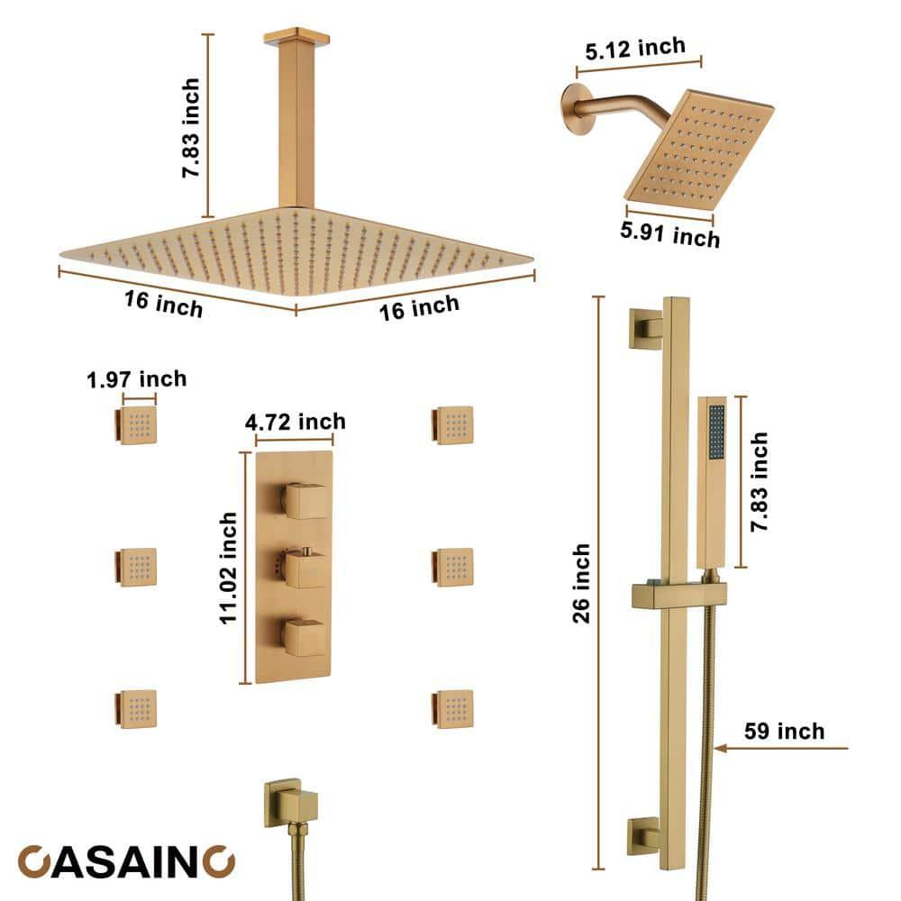 CASAINC Rainfall Symphony 16inch Dual Shower Head Rainfall Thermostatic Shower System with 16-inch Slide Bar and Body spray KCHS0019-16BG
