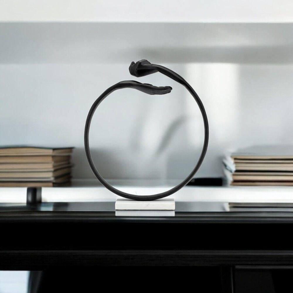 Metal, 15" Hand Ring On Base Sculpt , Black/White, Round, 15"H, Solid Color - 13" x 4" x 15"
