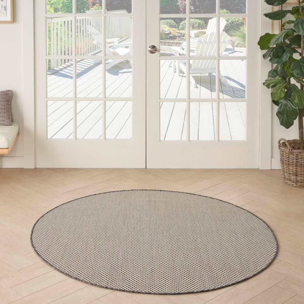 Nourison 4' x 4' Courtyard Modern Easy Care Flatweave Indoor Outdoor Round Rug Ivory/Charcoal