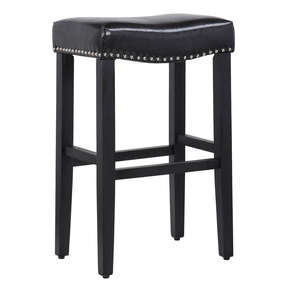 Westin Outdoor Yazan 29" Upholstered Counter Stool with Nail Head Trim (Set of 2), Black/Leather