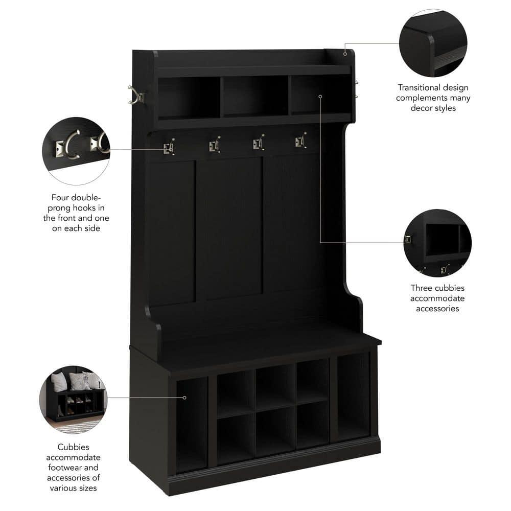 Bowery Hill 40" Engineered Wood Hall Tree and Shoe Bench w/ Shelves in Black Oak