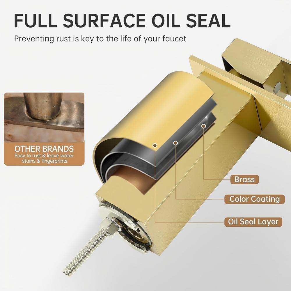 Single Handle Waterfall Spout Single Hole Bathroom Faucet with Deckplate Included and Drain in Brushed Gold