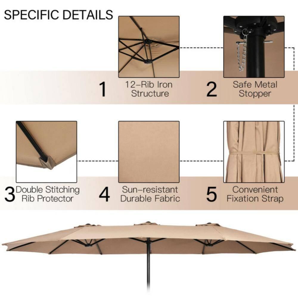 Costway 15FT Double-Sided Twin Patio Umbrella Outdoor Market W/ Crank & Base Coffee