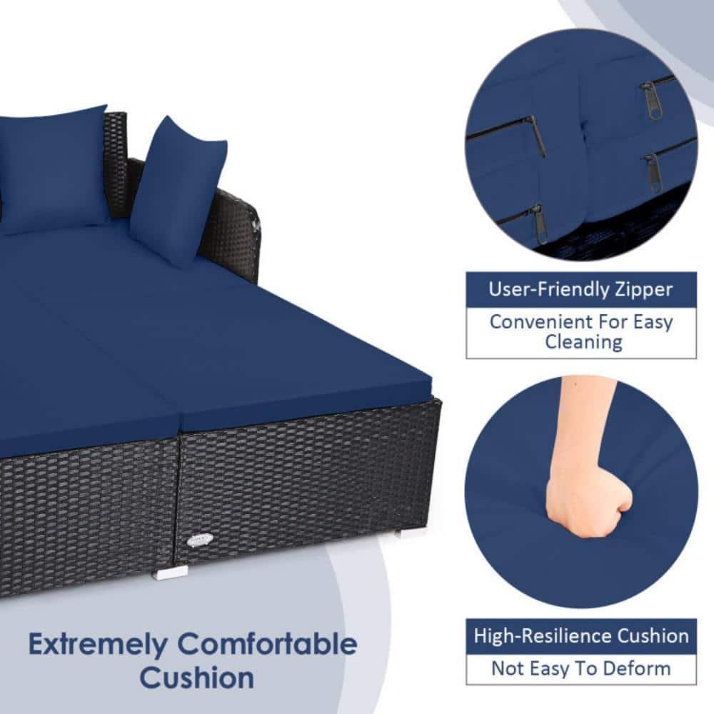Costway Outdoor Patio Rattan Daybed Pillows Cushioned Sofa Furniture Navy