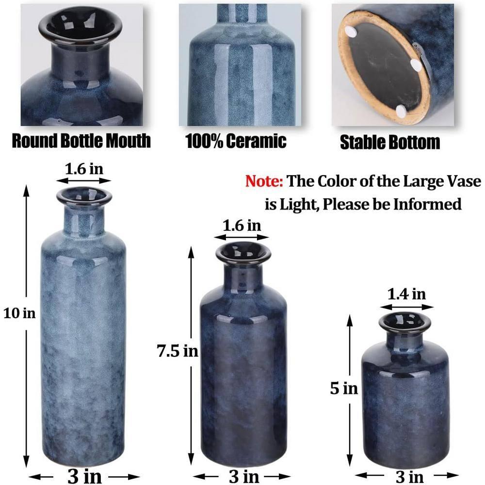 Blue Ceramic Vase Set for 3 - Modern Waterproof Small Vases, Farmhouse Country Home Decor, Living Room, Table, Fireplace, and Entrance Centerpieces
