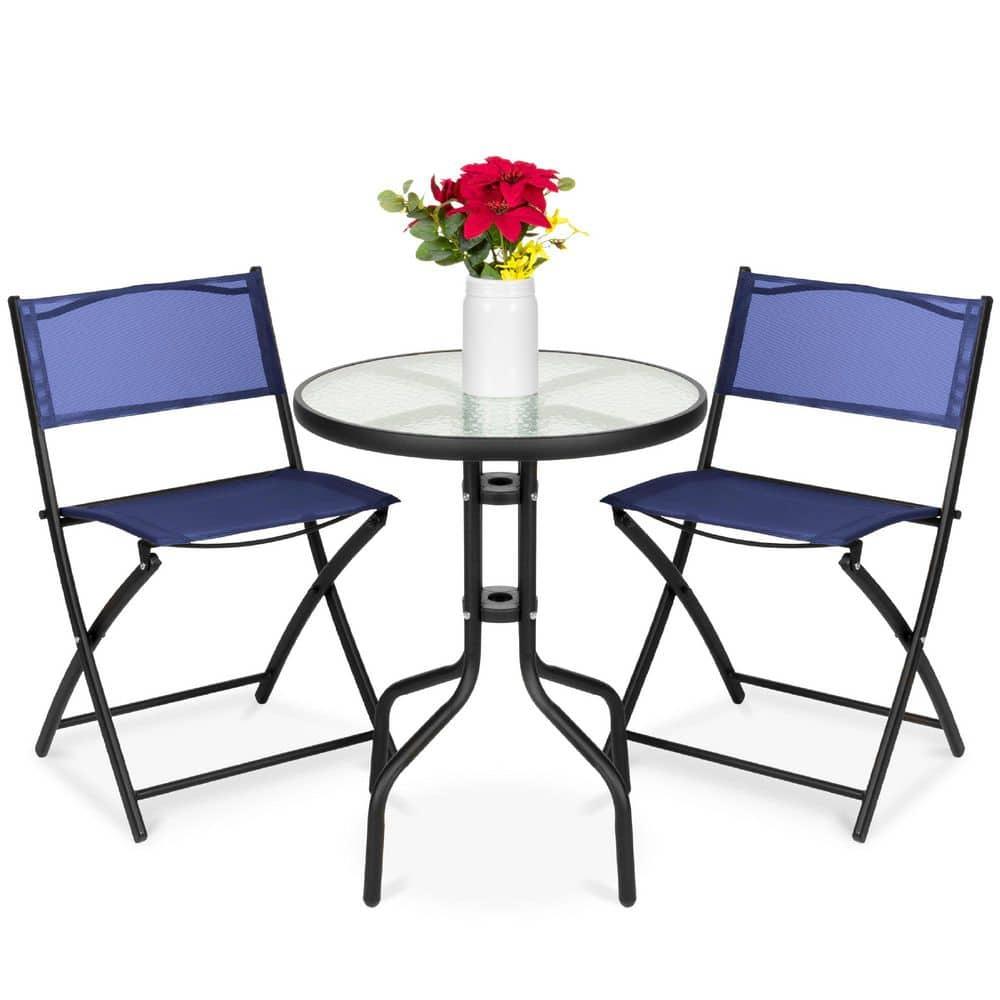 George Oliver 3-Piece Patio Bistro Dining Furniture Set W/ Glass Tabletop, Folding Chairs