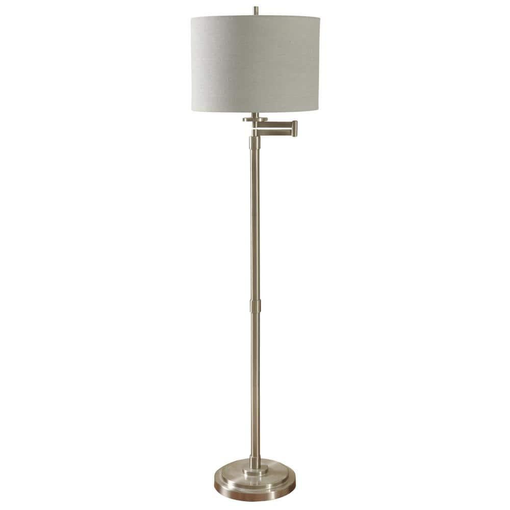 Floor Lamp - Brushed Steel Finish - Light Beige Hardback Fabric Shade