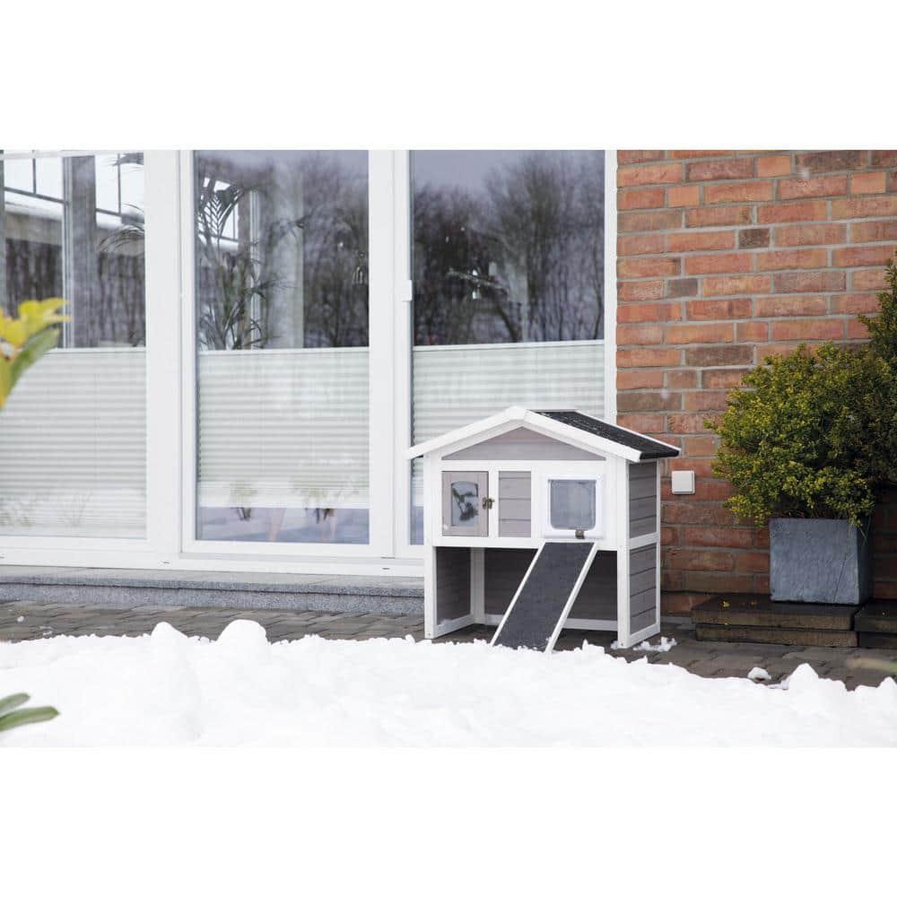 Gray and White 2-Story Insulated Outdoor Cat House with Ramp