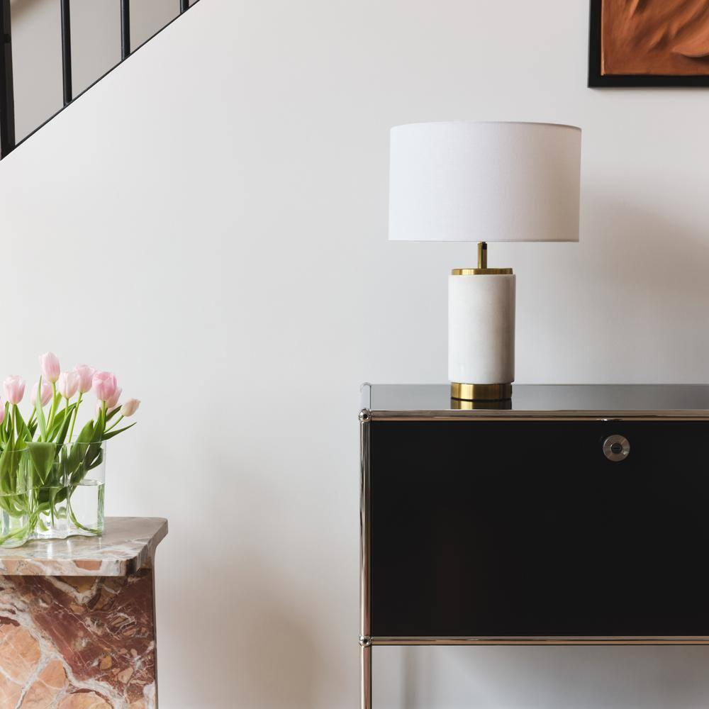 Brightech Arden 17 in. Mid-Century Modern LED Table Lamp with Fabric Drum Shade and USB Port