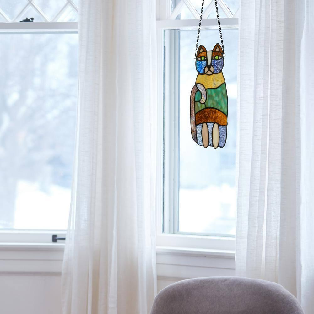 River of Goods  13-in. Crazy Cat Stained Glass Window Panel Purple