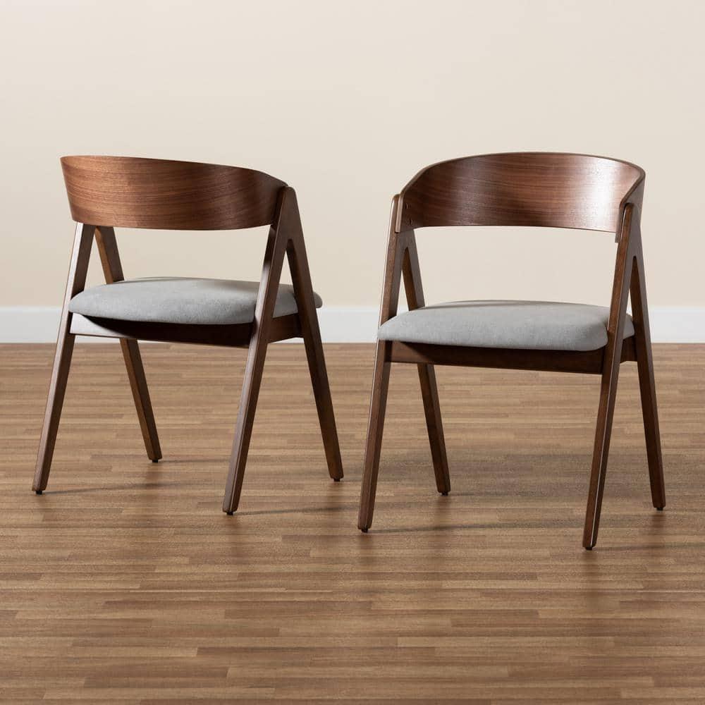 2pc DantonFabric Upholstered Wood Dining Chair Set Gray/Walnut Brown - Baxton Studio: Curved Backrest, Angled Legs